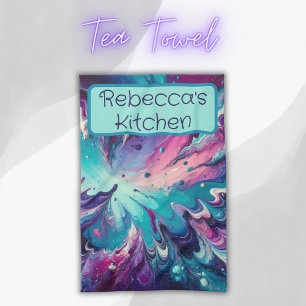 Linge De Cuisine Motif Abstrait monogramme Turquoise et rose  