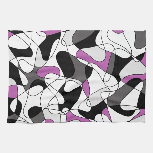 Linge De Cuisine Motif Abstrait - violet, gris, noir et blanc. (Horizontal)