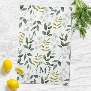 Linge De Cuisine Motif aquarelle de feuilles vertes monogrammées