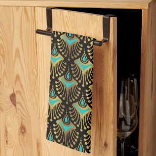 Linge De Cuisine Motif Art déco or et bleu sur cuisine noire à