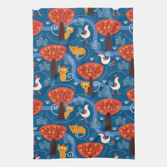 Linge De Cuisine motif avec les chats et les oiseaux mignons (Vertical)