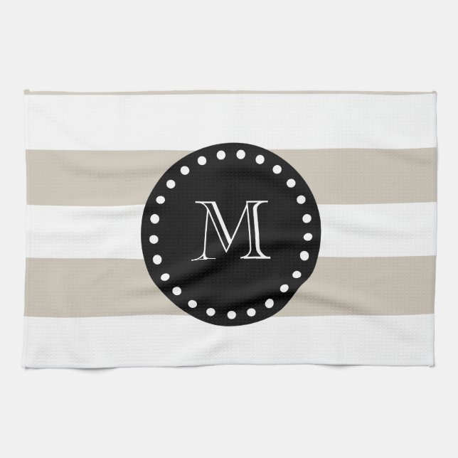 Linge De Cuisine Motif blanc beige de rayures, monogramme noir (Horizontal)