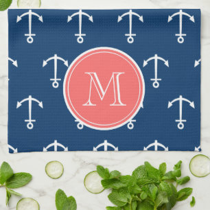 Linge De Cuisine Motif blanc d'Ancres de bleu marine, monogramme de