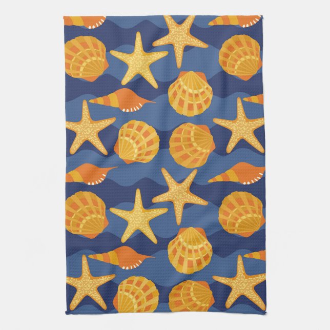 Linge De Cuisine Motif bleu et orange de coquillage (Vertical)