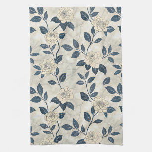 Linge De Cuisine Motif botanique floral bleu vintage (3)