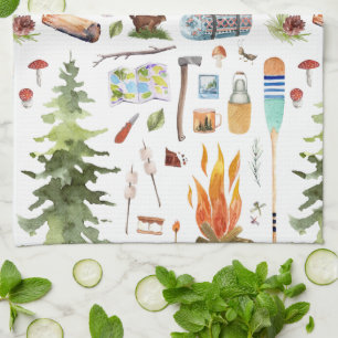 Linge De Cuisine Motif Camping Cute   Illustrations aquarelle