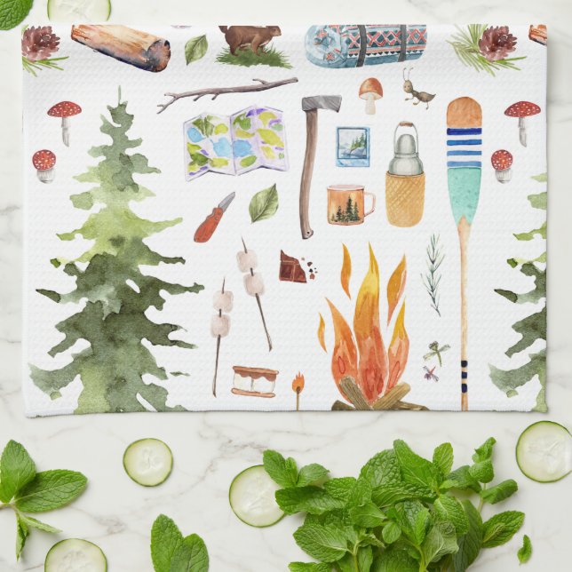 Linge De Cuisine Motif Camping Cute | Illustrations aquarelle (Plié)
