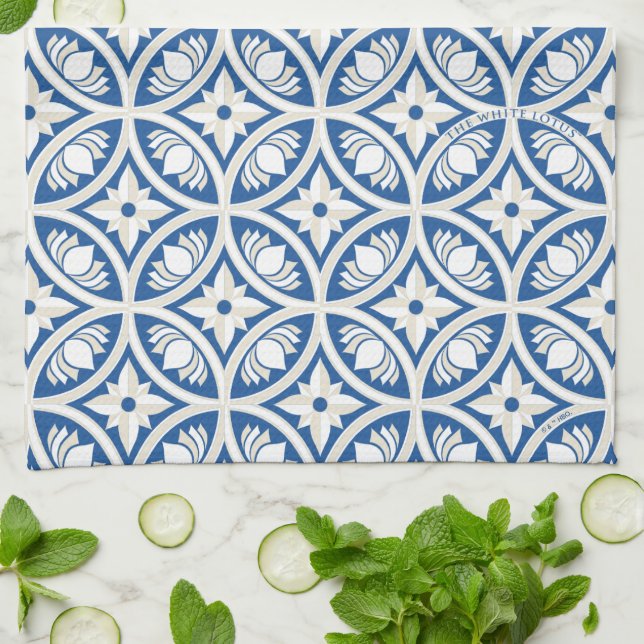 Linge De Cuisine Motif Carrelage Lotus Côtier - Le Lotus Blanc (Plié)