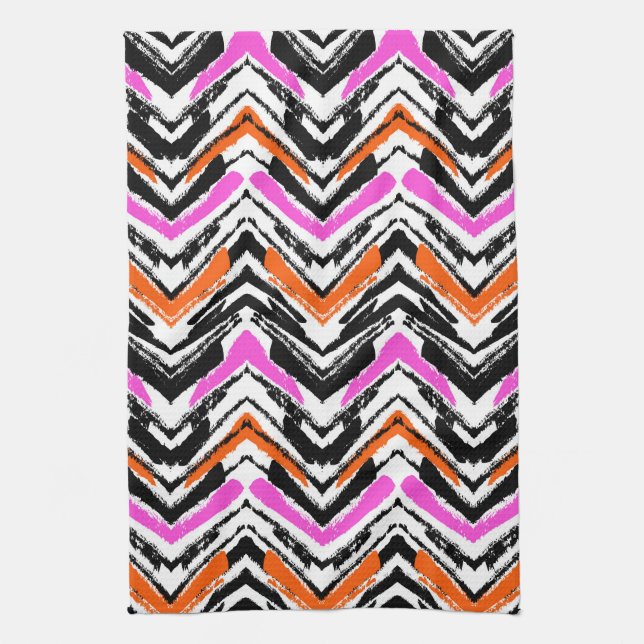 Linge De Cuisine Motif Chevron De Main Noire, Orange Et Rose (Vertical)