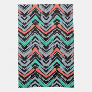 Linge De Cuisine Motif Chevron Grise, Turquoise Et Corail