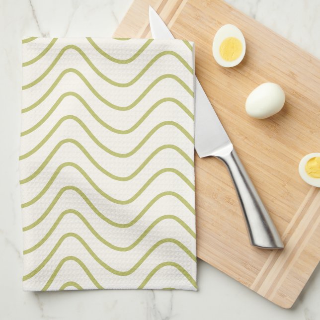 Linge De Cuisine Motif Chevron Lime Green sur Crème White Zigzag (Quart Plié)