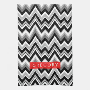 Linge De Cuisine Motif Chevron Noir Blanc Et Gris Monogramme