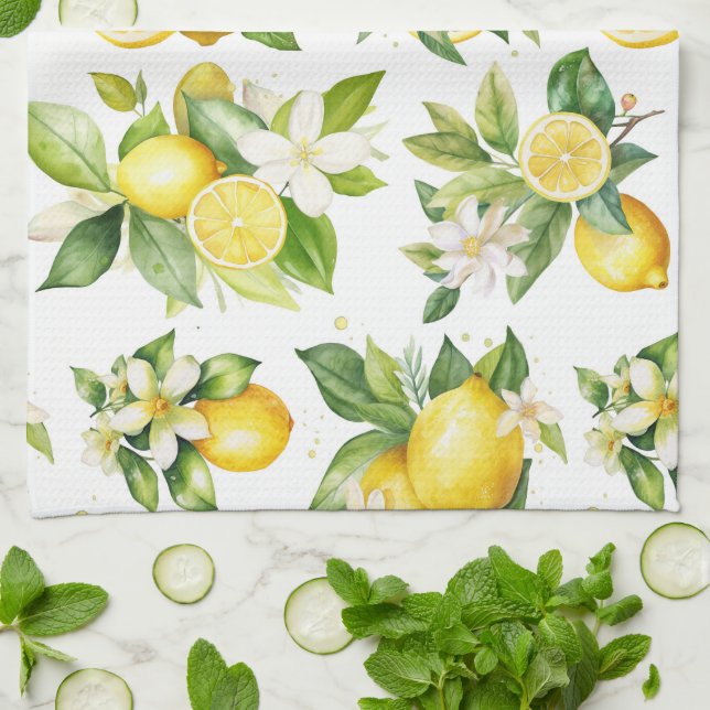 Linge De Cuisine Motif citron, Fleurs de citron, Feuilles, Citrus (Plié)