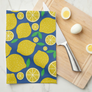 Linge De Cuisine Motif Citron Jaune sur Fond Bleu