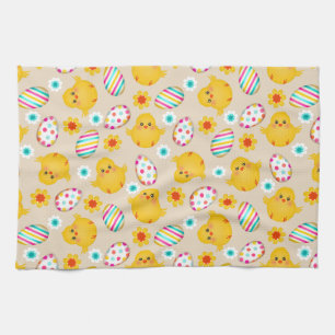 Linge De Cuisine Motif coloré d'oeufs et de poussins de pâques