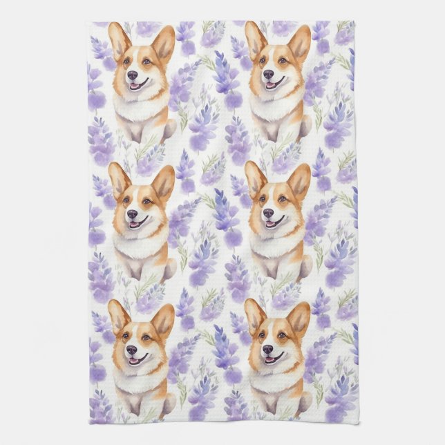 Linge De Cuisine Motif Corgi et Lavender Flowers (Vertical)