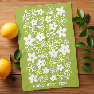 Linge De Cuisine Motif Crazy Daisy en vert printemps avec nom