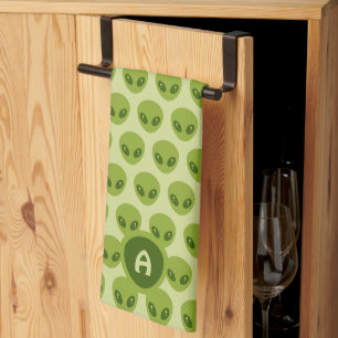 Linge De Cuisine Motif d'alien vert mignon monogramme