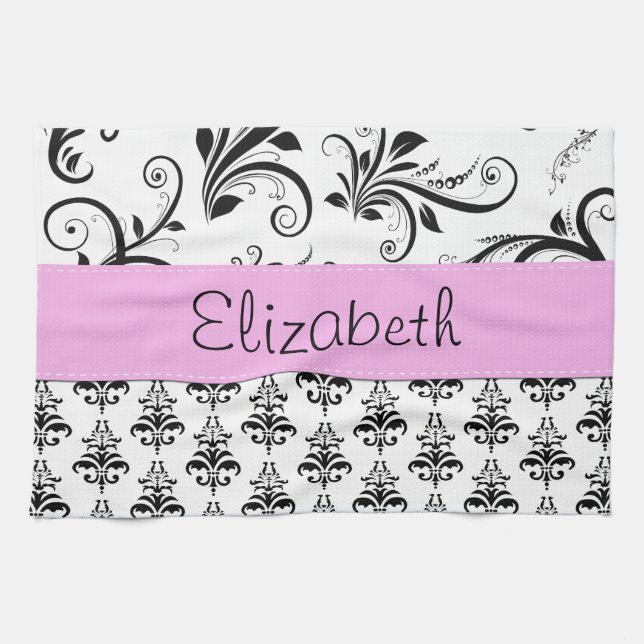 Linge De Cuisine Motif Damas, Damas noir et blanc, Votre nom (Horizontal)