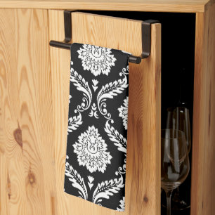 Linge De Cuisine Motif Damassé Rococo Blanc sur Noir