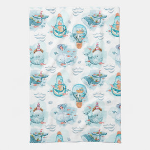 Linge De Cuisine Motif d'aquarelle de la belle baleine nautique