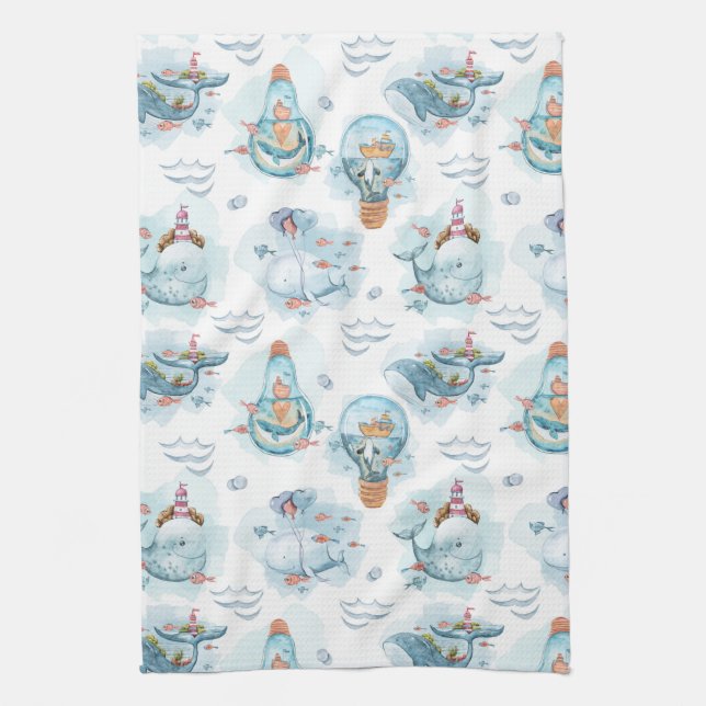 Linge De Cuisine Motif d'aquarelle de la belle baleine nautique (Vertical)