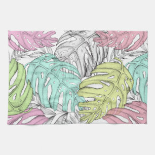 Linge De Cuisine Motif d'aquarelle en feuille de monstère pastel tr