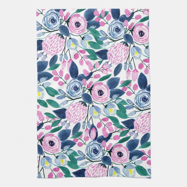 Linge De Cuisine Motif d'aquarelle Sweet Rose Navy Flowers (Vertical)