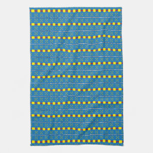 Linge De Cuisine Motif d'art populaire géométrique bleu et jaune
