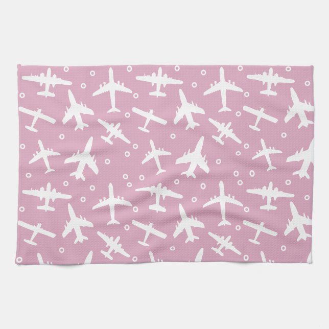 Linge De Cuisine Motif d'avion léger rose et blanc (Horizontal)