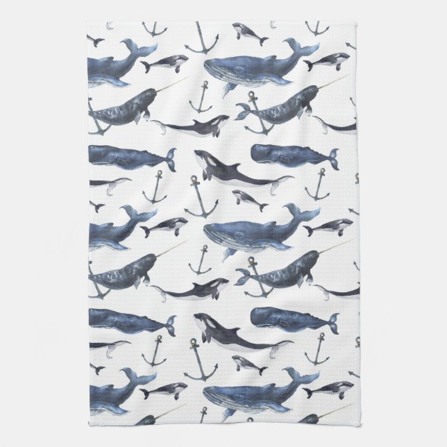 Linge De Cuisine Motif de baleine et d'Ancre d'aquarelle (Vertical)