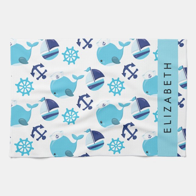 Linge De Cuisine Motif De Baleines, Baleines Bleues, Votre Nom (Horizontal)