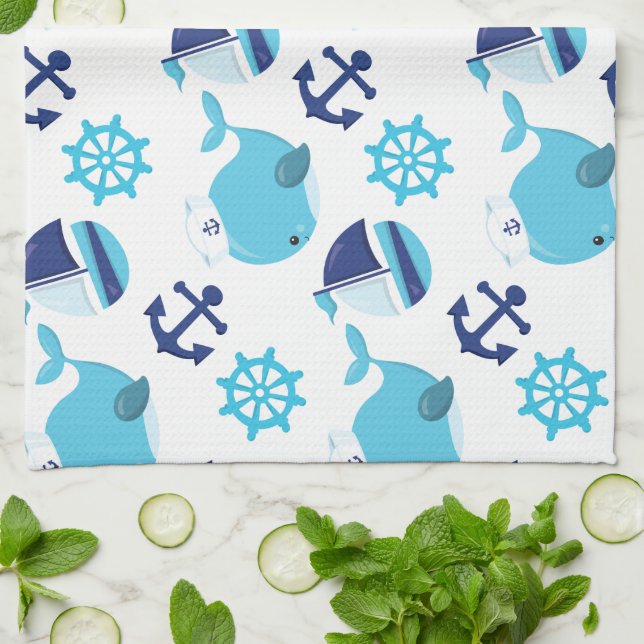 Linge De Cuisine Motif De Baleines, Beaux Baleines, Baleines Bleues (Plié)