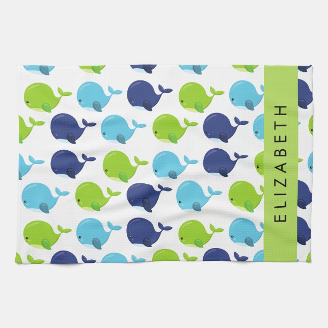 Linge De Cuisine Motif De Baleines, Beaux Baleines, Votre Nom (Horizontal)