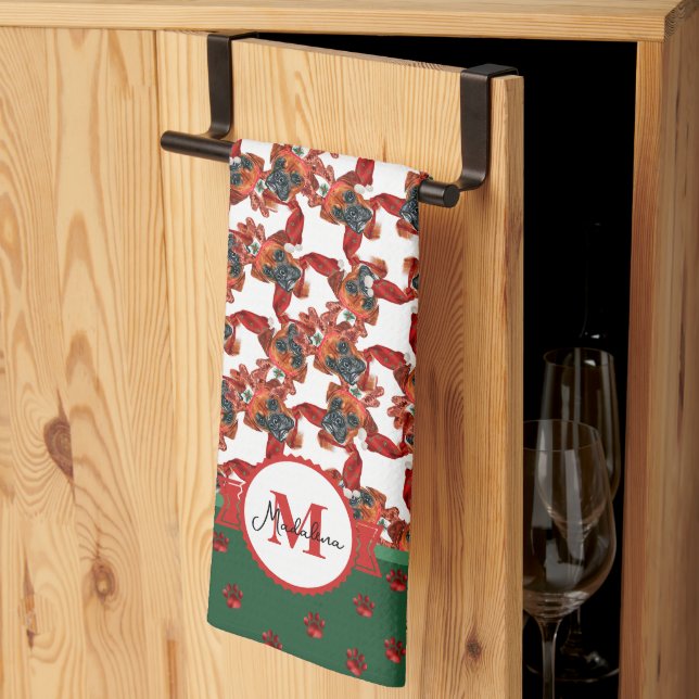 Linge De Cuisine Motif de boîte Monogram Chien de Noël (Pliage en tiers)