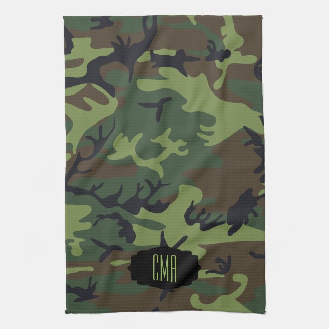 Linge De Cuisine Motif de camouflage de vert de monogramme (Vertical)