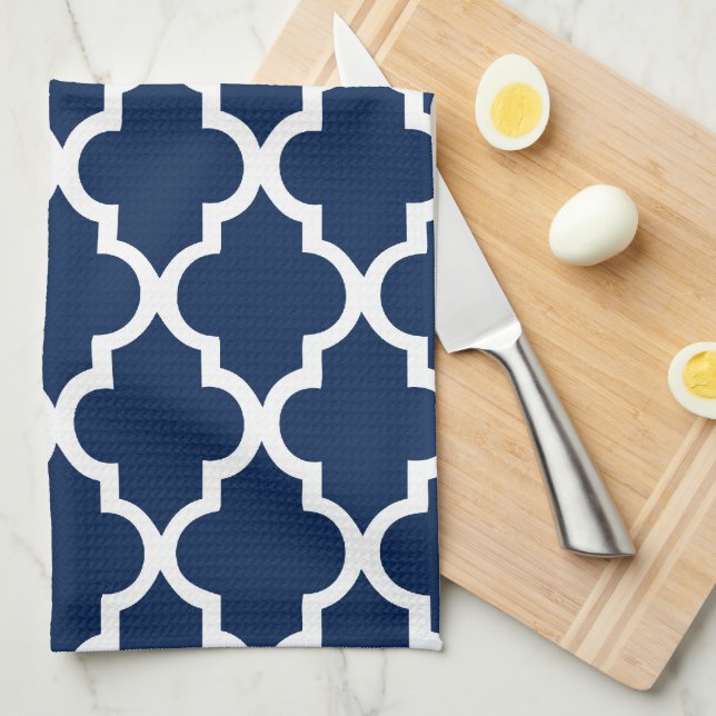 Linge De Cuisine Motif de carrelage bleu Quatrefoil de la marine (Quart Plié)