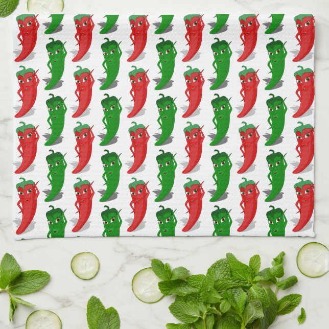 Linge De Cuisine Motif De Cartoon Rouge Et Vert Pepper Divas (Plié)