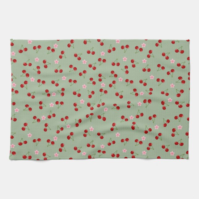 Linge De Cuisine Motif de cerises sur fond vert (Horizontal)