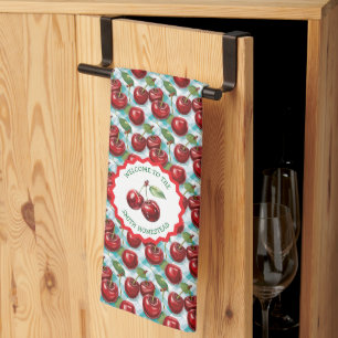 Linge De Cuisine Motif de cerisier bleu À damiers personnalisé