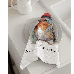 Linge De Cuisine Motif de chapeau rouge aquarelle Robin d'hiver