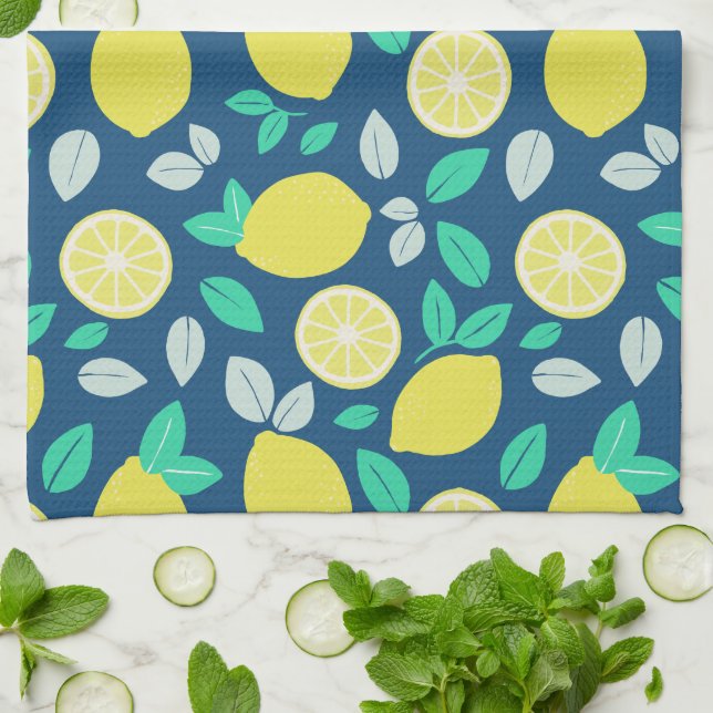 Linge De Cuisine Motif de citron d'été en bleu marine (Plié)