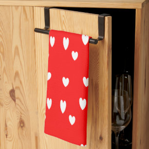 Linge De Cuisine Motif de coeur blanc sur rouge