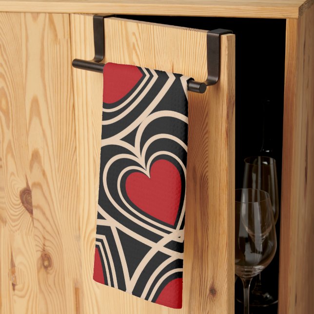 Linge De Cuisine Motif de coeur simple Noir et Rouge (Pliage en tiers)