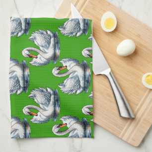Linge De Cuisine Motif de cygnes sur fond vert