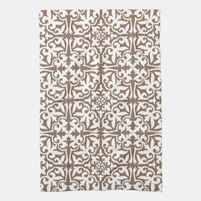 Linge De Cuisine Motif de damassé d'Ikat - Taupe Tan et blanc (Vertical)