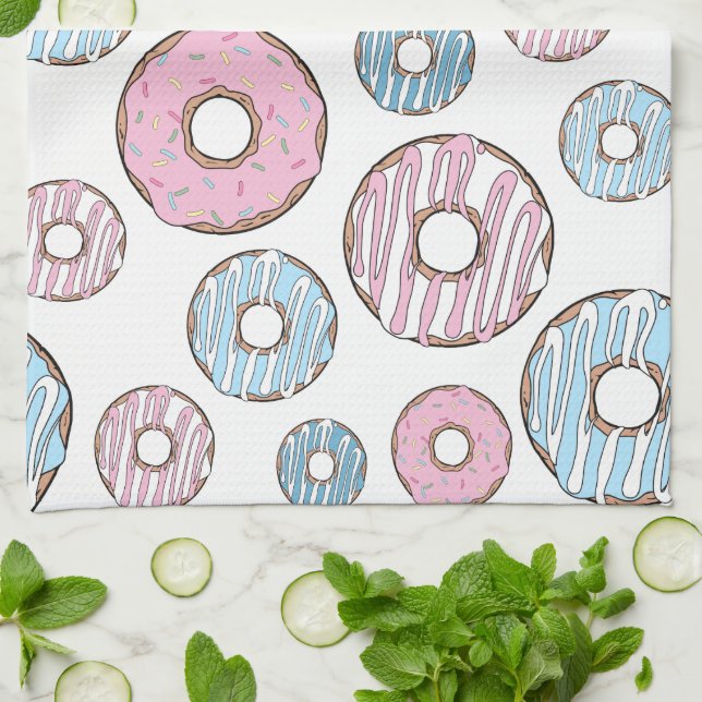 Linge De Cuisine Motif De Donuts, Donuts Roses, Donuts Bleus (Plié)