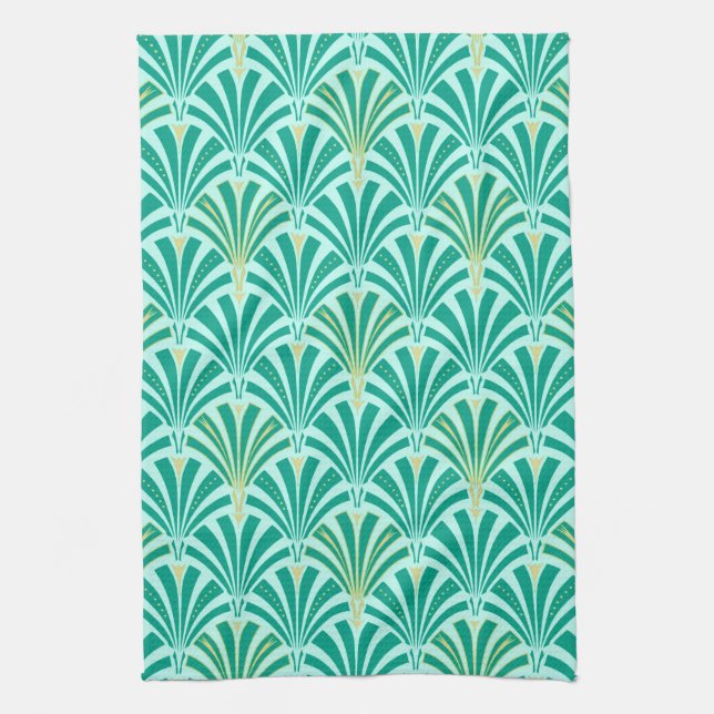 Linge De Cuisine Motif de fan d'art déco - turquoise sur l'aqua (Vertical)
