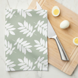 Linge De Cuisine Motif de feuille âgée blanc sur vert