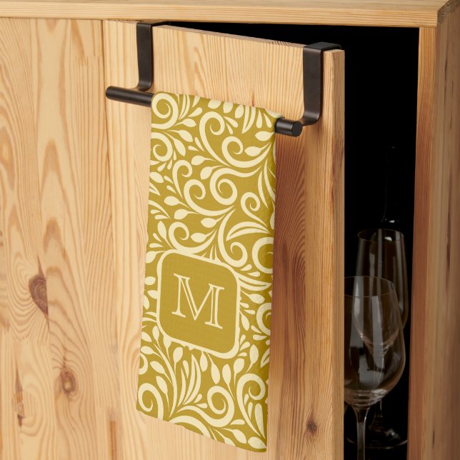 Linge De Cuisine Motif de feuille florale Monogramme personnalisé (Pliage en tiers)